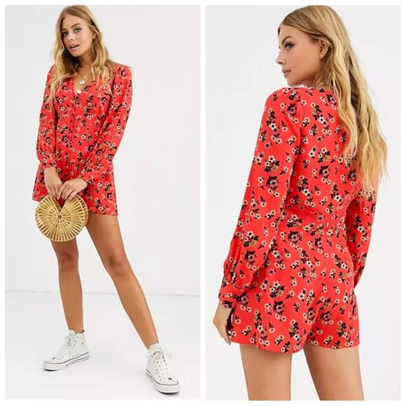 ASOS Red Ditsy Floral Button Front Romper Size 4 Playsuit Flirty Summer Casual - Picture 1 of 8